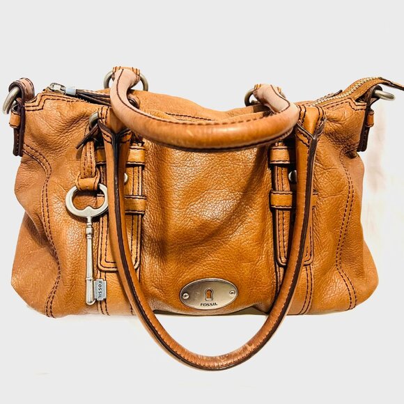 Fossil Vintage Camel/Brown Tote/Satchel Purse Bag-Soft Glove Leather-Roomy-Zip - Picture 2 of 15